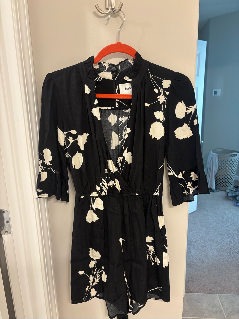 ba&sh Black and White Floral Wrap Romper